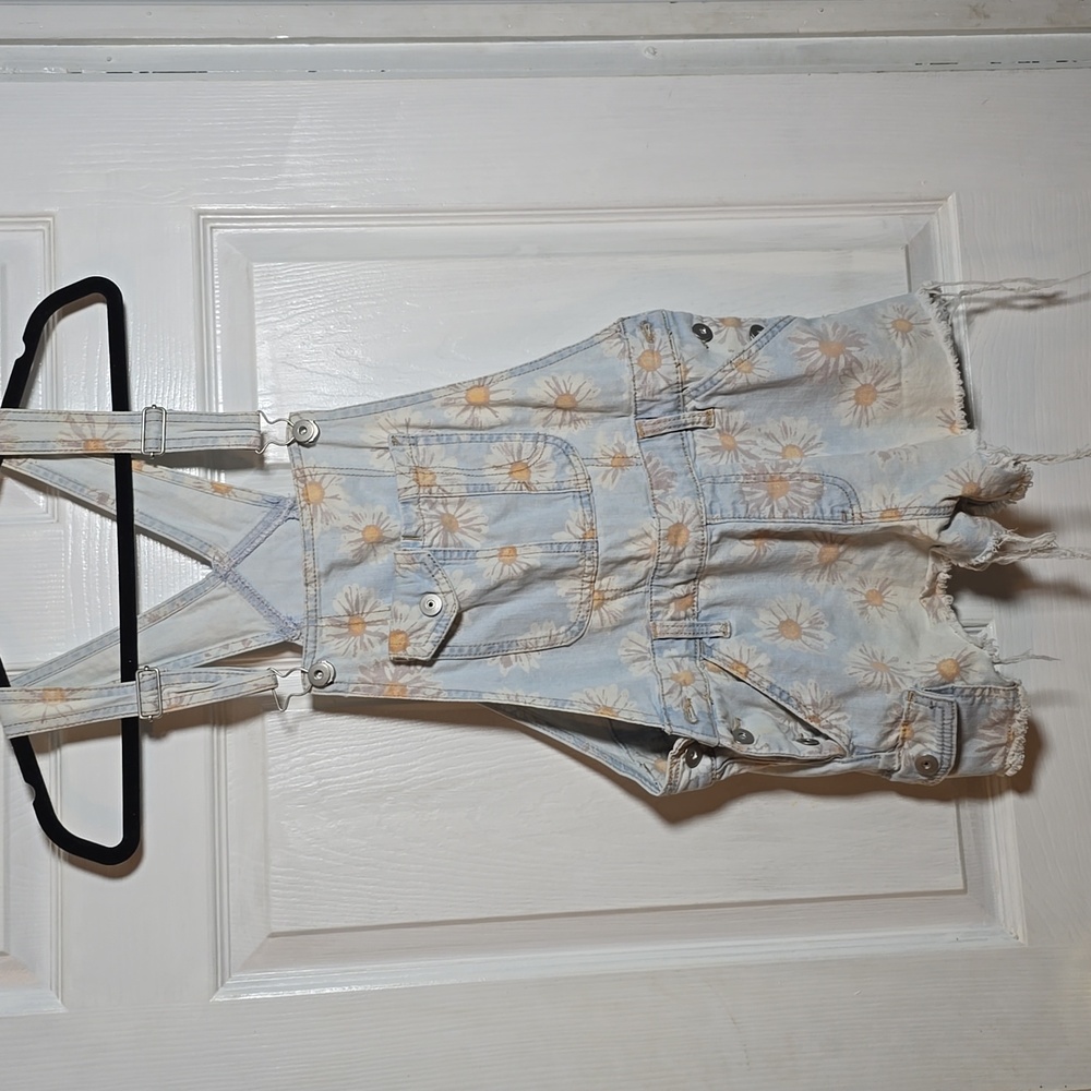 Daisy Print Light Blue Denim Short Overalls